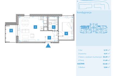 Rzut - Mieszkanie na sprzedaż 2 pokoje o powierzchni 43,48 m² - numer 13 w Apartamenty Macadamia