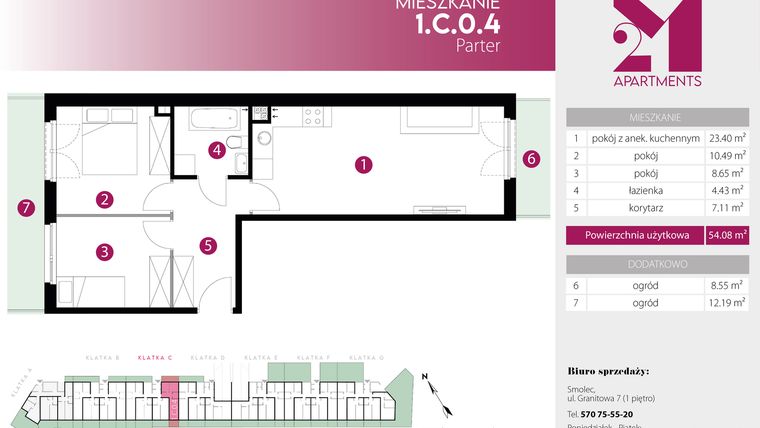 Rzut - Mieszkanie na sprzedaż 3 pokoje o powierzchni 54,08 m² - numer 1.C.0.4 w 2M Apartments etap IV