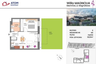Rzut - Mieszkanie na sprzedaż 2 pokoje o powierzchni 35,53 m² - numer Bud.8-3 w Willa Magnolia