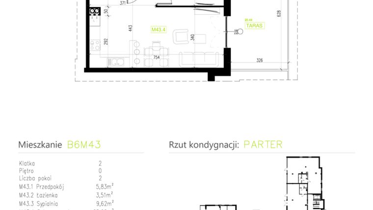 Rzut - Mieszkanie na sprzedaż 2 pokoje o powierzchni 44,24 m² - numer B6M43 w Osiedle Natura Park etap II