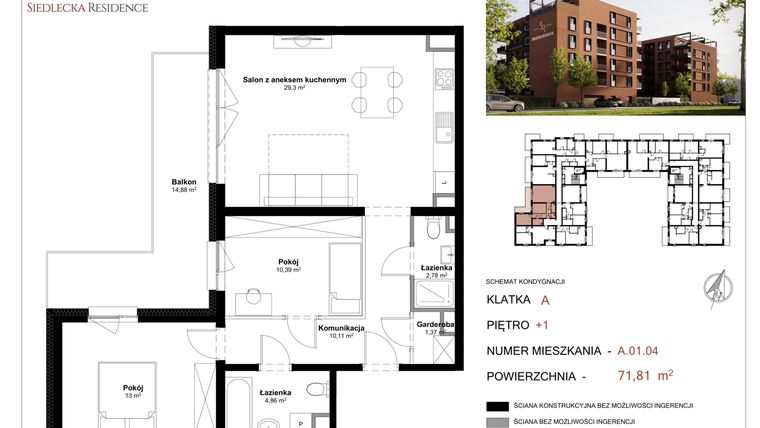 Rzut - Mieszkanie na sprzedaż 3 pokoje o powierzchni 71,81 m² - numer A-01-04 w Siedlecka Residence