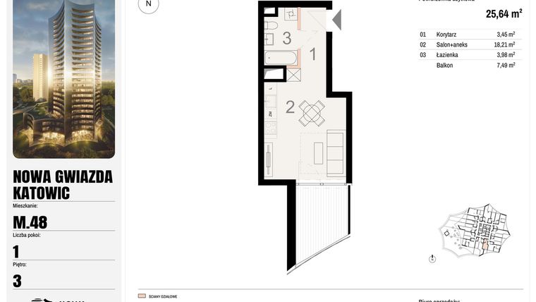 Rzut - Mieszkanie na sprzedaż 1 pokój o powierzchni 25,64 m² - numer M.48 w Nowa Gwiazda