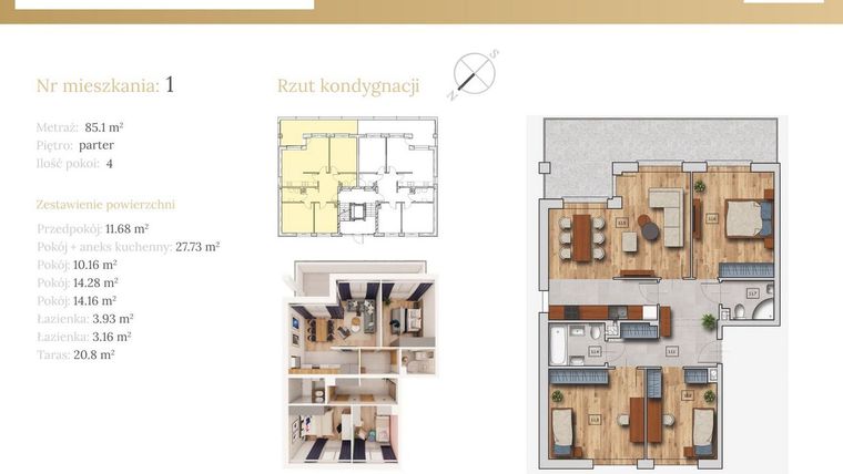 Rzut - Mieszkanie na sprzedaż 4 pokoje o powierzchni 85,1 m² - numer 51B.1 w Dębowa 51