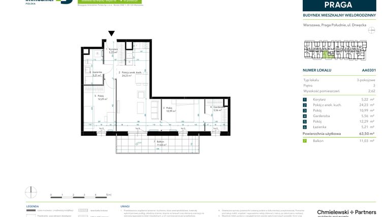 Rzut - Mieszkanie na sprzedaż 3 pokoje o powierzchni 63,5 m² - numer AA0301 w Neo Praga