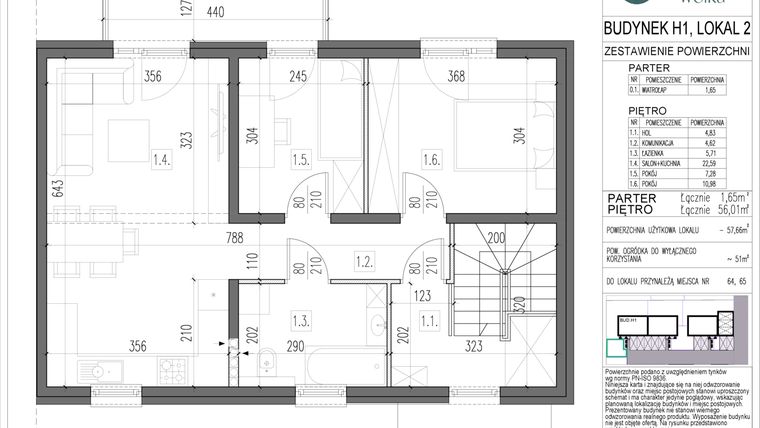 Rzut - Mieszkanie na sprzedaż 3 pokoje o powierzchni 57,66 m² - numer H1.2 w Spokojna Wólka etap V