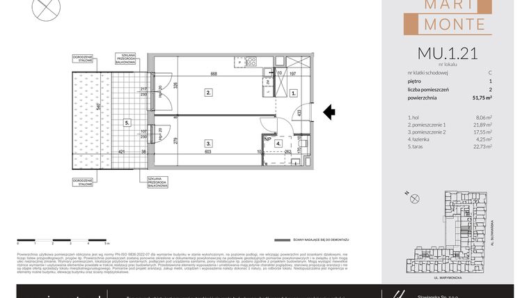 Rzut - Mieszkanie na sprzedaż 2 pokoje o powierzchni 51,75 m² - numer MU.1.21 w Marimonte - apartamenty inwestycyjne