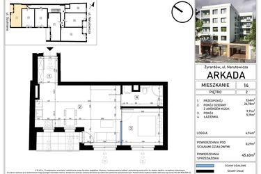 Rzut - Mieszkanie na sprzedaż 2 pokoje o powierzchni 45,63 m² - numer 14 w N15