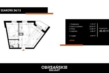 Rzut - Mieszkanie na sprzedaż 2 pokoje o powierzchni 48,4 m² - numer 24/13 w Odrzańskie Bulvary