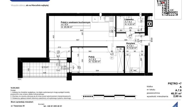 Rzut - Mieszkanie na sprzedaż 2 pokoje o powierzchni 46,51 m² - numer A/7/8 w Świerzawska 13