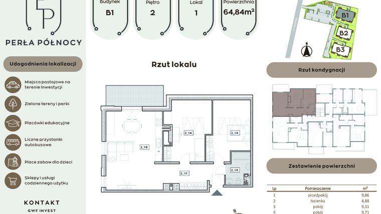 Rzut - Mieszkanie na sprzedaż 3 pokoje o powierzchni 64,84 m² - numer B1.2_1 w Perła Północy etap 2