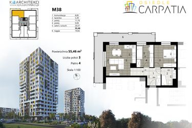 Rzut - Mieszkanie na sprzedaż 3 pokoje o powierzchni 55,46 m² - numer A2.38 w Osiedle Carpatia Etap II