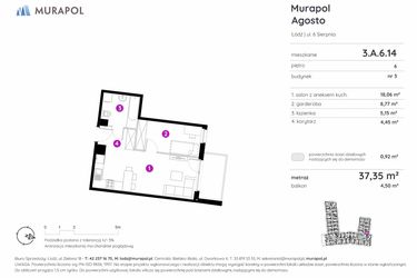 Rzut - Mieszkanie na sprzedaż 1 pokój o powierzchni 37,35 m² - numer 3.A.6.14 w Murapol Agosto