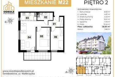 Rzut - Mieszkanie na sprzedaż 3 pokoje o powierzchni 56,81 m² - numer M22 w Osiedle Pod Książem