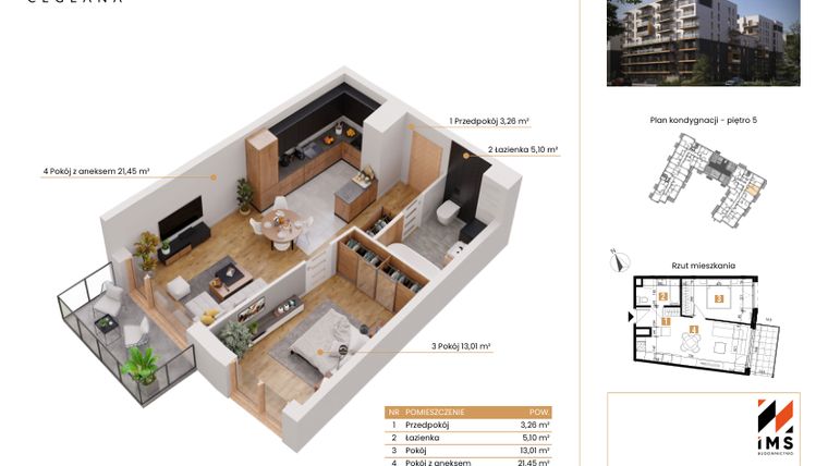 Rzut - Mieszkanie na sprzedaż 2 pokoje o powierzchni 42,82 m² - numer A.5.2 w Rondo Ceglana etap II