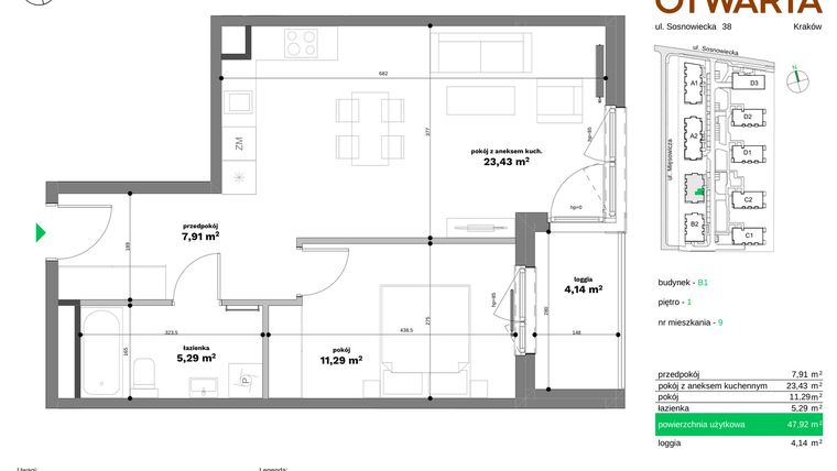 Rzut - Mieszkanie na sprzedaż 2 pokoje o powierzchni 47,92 m² - numer B1-9 w Forma Otwarta etap II