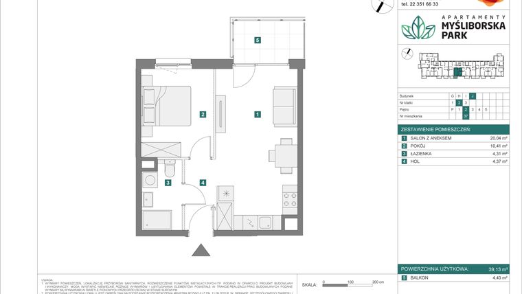 Rzut - Mieszkanie na sprzedaż 2 pokoje o powierzchni 39,13 m² - numer J37 w Apartamenty Myśliborska Park