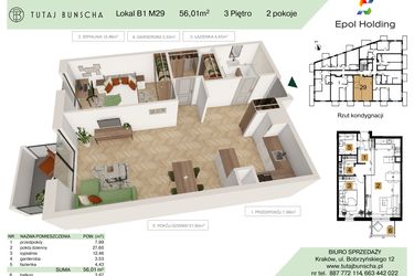 Rzut - Mieszkanie na sprzedaż 2 pokoje o powierzchni 56,01 m² - numer B1.M29 w Tutaj Bunscha
