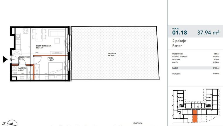Rzut - Mieszkanie na sprzedaż 2 pokoje o powierzchni 37,85 m² - numer 01.18 w Czysta 4