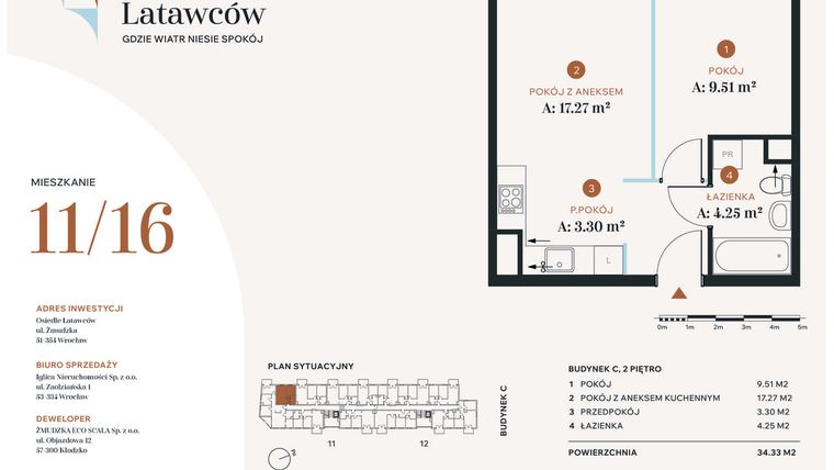 Rzut - Mieszkanie na sprzedaż 2 pokoje o powierzchni 34,33 m² - numer C11-16 w Osiedle Latawców