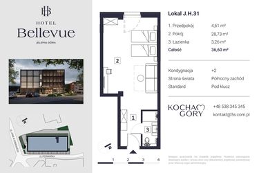 Rzut - Mieszkanie na sprzedaż 1 pokój o powierzchni 36,6 m² - numer 31 w Hotel Bellevue