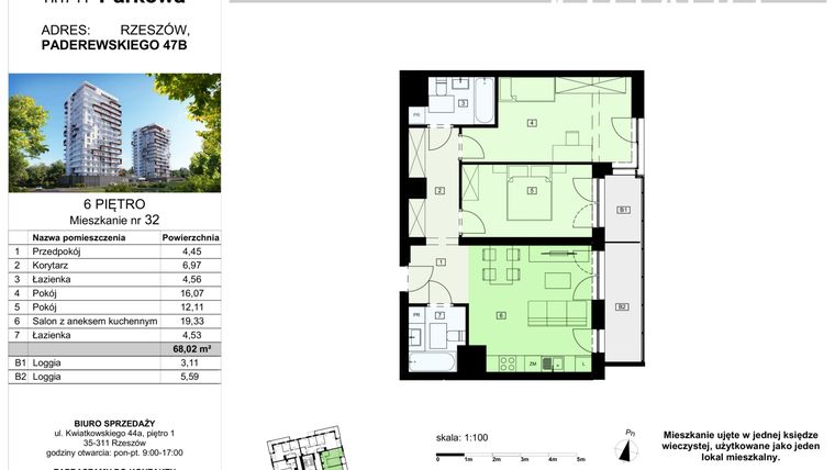 Rzut - Mieszkanie na sprzedaż 3 pokoje o powierzchni 68,02 m² - numer 32/B7 w Dzielnica Parkowa VII