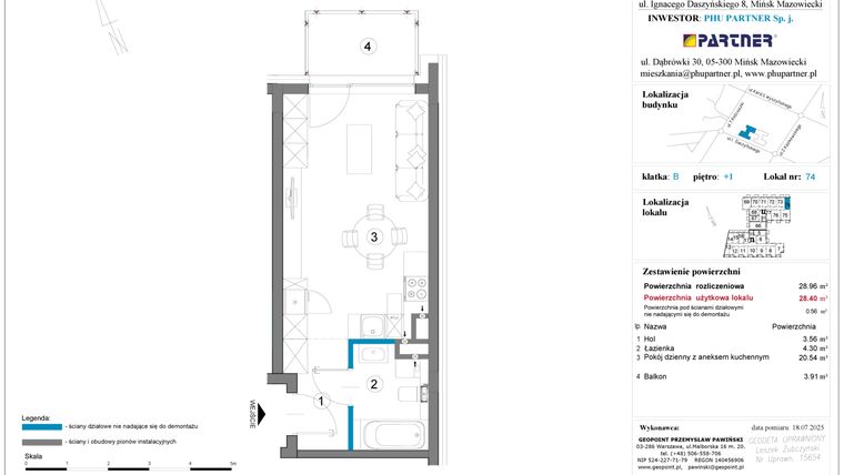 Rzut - Mieszkanie na sprzedaż 1 pokój o powierzchni 28,96 m² - numer B.1.74 w Daszyńskiego Square etap 1