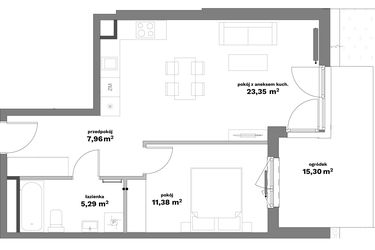Rzut - Mieszkanie na sprzedaż 2 pokoje o powierzchni 47,98 m² - numer B1-1 w Forma Otwarta etap II