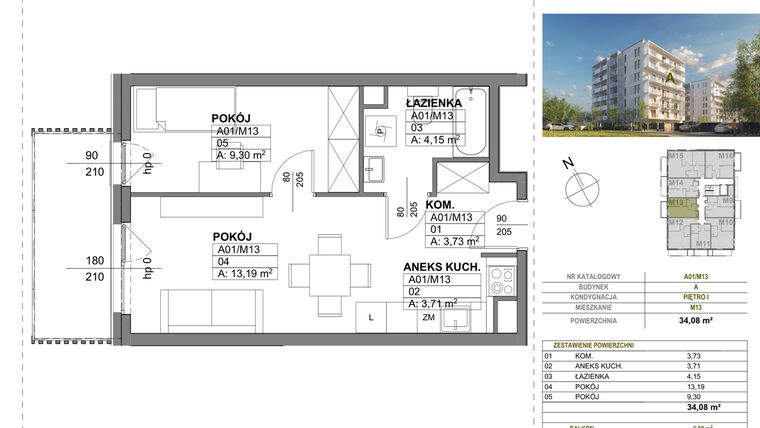 Rzut - Mieszkanie na sprzedaż 2 pokoje o powierzchni 34,08 m² - numer A00_M13 w Wierzbowy Park