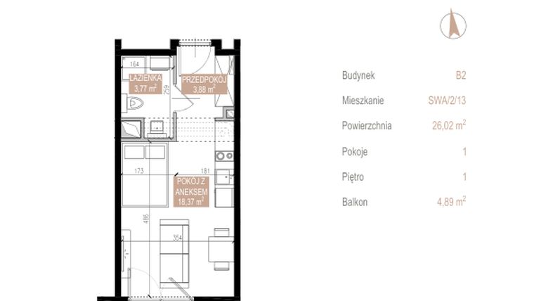 Rzut - Mieszkanie na sprzedaż 1 pokój o powierzchni 26,02 m² - numer SWA/2/13/C w Apartamenty Świeradowska