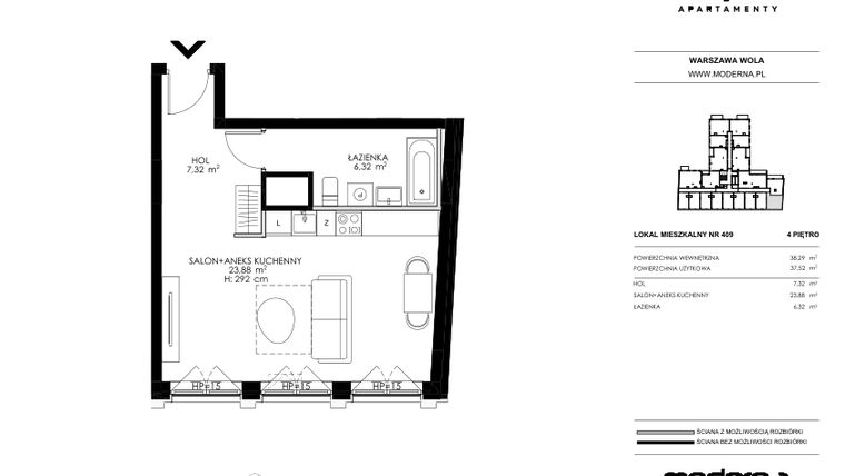 Rzut - Mieszkanie na sprzedaż 1 pokój o powierzchni 37,52 m² - numer 409 w Chronos