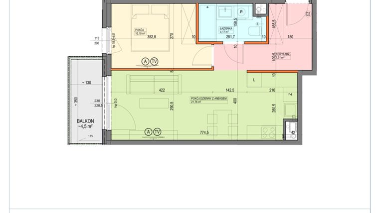 Rzut - Mieszkanie na sprzedaż 2 pokoje o powierzchni 43,63 m² - numer B1.1.06.2a w Junique I.II