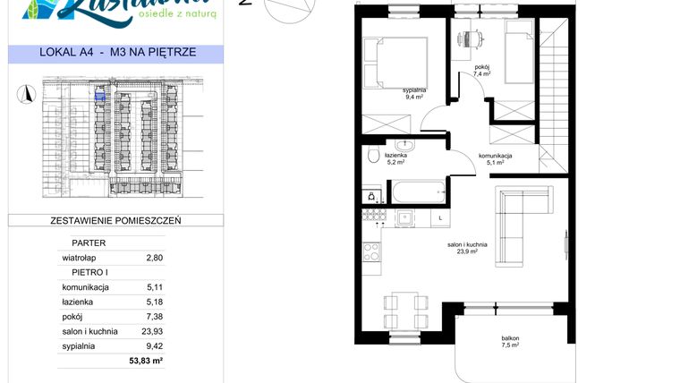 Rzut - Mieszkanie na sprzedaż 3 pokoje o powierzchni 53,83 m² - numer A.4 w Zastawna OdNova
