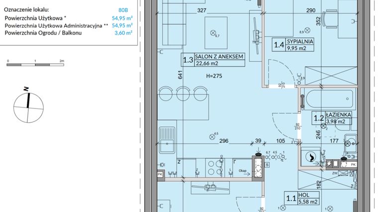 Rzut - Mieszkanie na sprzedaż 3 pokoje o powierzchni 54,95 m² - numer 80B w Osiedle Młodych etap VII