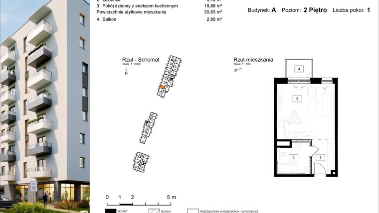 Rzut - Mieszkanie na sprzedaż 1 pokój o powierzchni 30,83 m² - numer A.22 w Osiedle Kochanowskiego - Gliwice