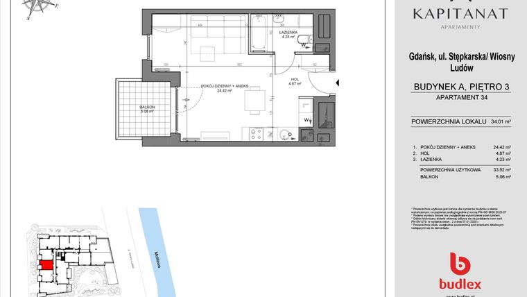 Rzut - Mieszkanie na sprzedaż 1 pokój o powierzchni 33,52 m² - numer A34 w Kapitanat A