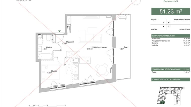 Rzut - Mieszkanie na sprzedaż 2 pokoje o powierzchni 51,67 m² - numer M042 w IKONA Światowida 5