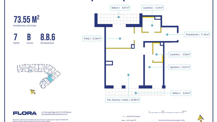 Rzut - Mieszkanie na sprzedaż 3 pokoje o powierzchni 73,55 m² - numer 8.B.6 w Piotra 4