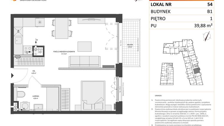 Rzut - Mieszkanie na sprzedaż 1 pokój o powierzchni 39,88 m² - numer B1.54 w Zajezdnia Motława