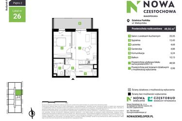 Rzut - Mieszkanie na sprzedaż 2 pokoje o powierzchni 49,56 m² - numer E26 w Nowa Częstochowa Małopolska etap II