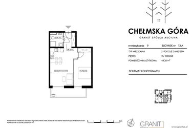 Rzut - Mieszkanie na sprzedaż 2 pokoje o powierzchni 44,36 m² - numer 13A-M9 w Chełmska Góra etap II