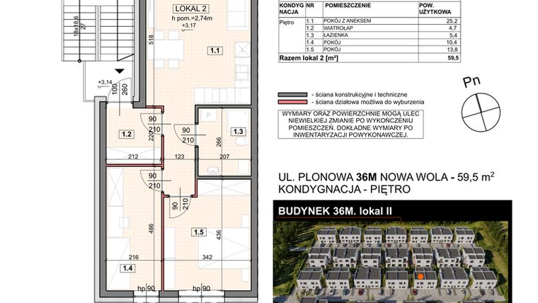 Rzut - Mieszkanie na sprzedaż 3 pokoje o powierzchni 59,5 m² - numer 36M/2 w Zespół willowy Zielona Polana - etap 6