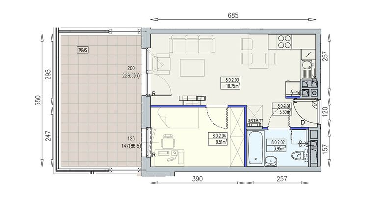 Rzut - Mieszkanie na sprzedaż 2 pokoje o powierzchni 35,51 m² - numer K2 8/0/2/2a w Południk 17 - budynek K2