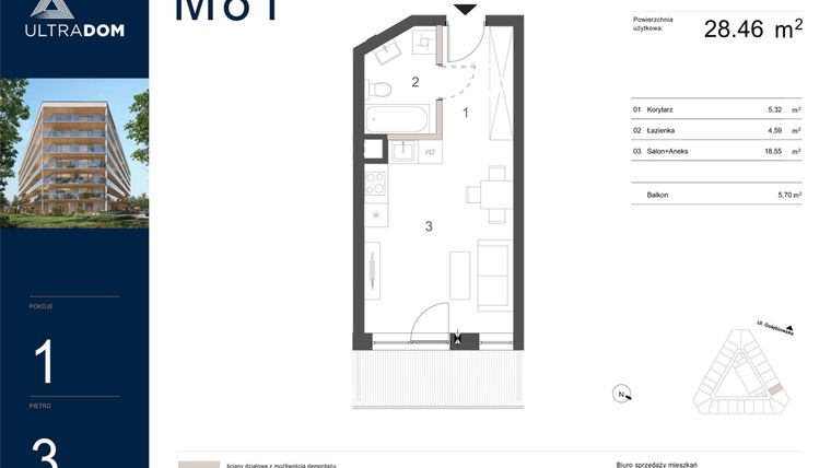 Rzut - Mieszkanie na sprzedaż 1 pokój o powierzchni 28,46 m² - numer M081 w Ultradom