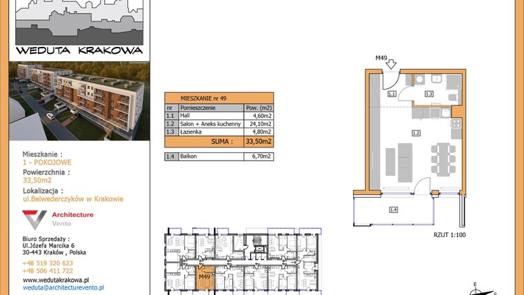 Rzut - Mieszkanie na sprzedaż 1 pokój o powierzchni 33,5 m² - numer M49 w Weduta Krakowa etap II