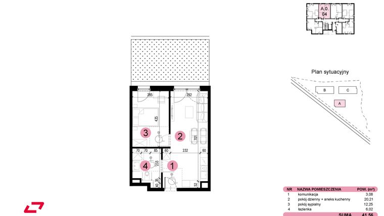 Rzut - Mieszkanie na sprzedaż 2 pokoje o powierzchni 41,56 m² - numer A-0-04 w Nowe Miasto
