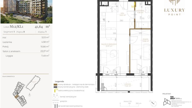 Rzut - Mieszkanie na sprzedaż 2 pokoje o powierzchni 41,64 m² - numer M12/KL1 w LUXURY POINT
