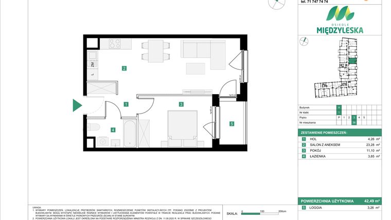 Rzut - Mieszkanie na sprzedaż 2 pokoje o powierzchni 42,49 m² - numer 36 w Osiedle Międzyleska - etap III