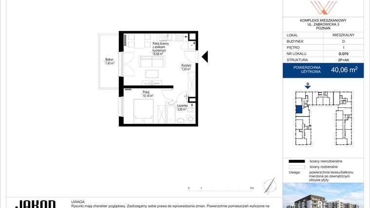 Rzut - Mieszkanie na sprzedaż 2 pokoje o powierzchni 40,06 m² - numer D.D70 w Wieruszowska D
