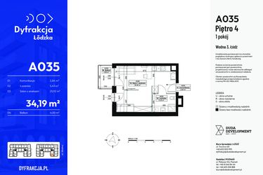 Rzut - Mieszkanie na sprzedaż 1 pokój o powierzchni 34,19 m² - numer A035 w Dyfrakcja Łódzka