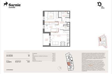 Rzut - Mieszkanie na sprzedaż 3 pokoje o powierzchni 51,47 m² - numer A1.1-02.05 w Sarnie Osiedle